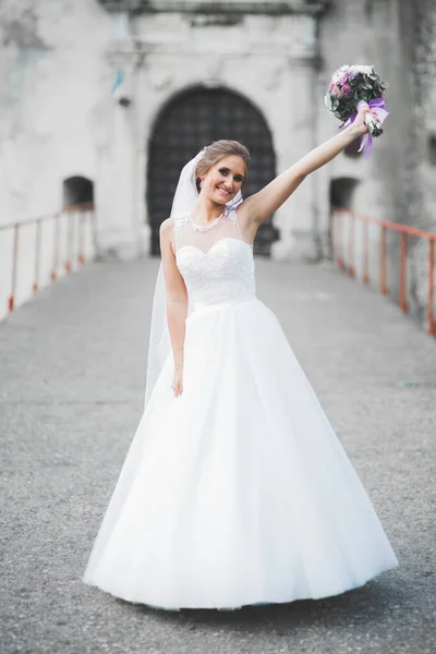 漂亮的豪华新娘 穿着雅致的白衣 — 图库照片