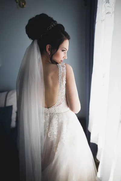 婚礼早上戴着时尚面纱的漂亮新娘的画像 — 图库照片