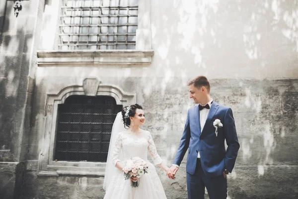 Krásný Šťastný Svatební Pár Nevěsta Dlouhými Bílými Šaty Pózuje Krásném — Stock fotografie