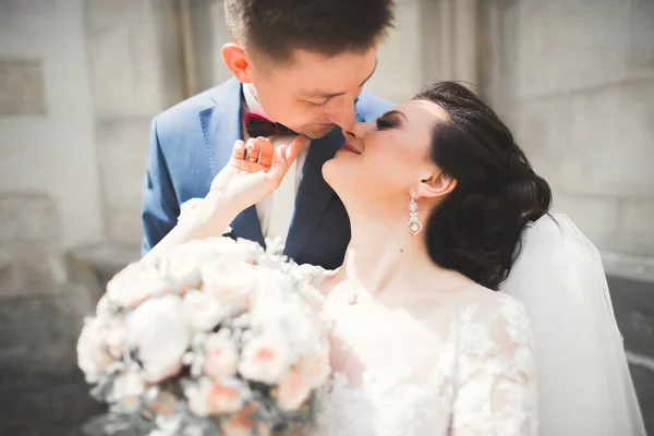Perfektní Pár Nevěsta Ženich Pózování Líbání Jejich Svatební Den — Stock fotografie