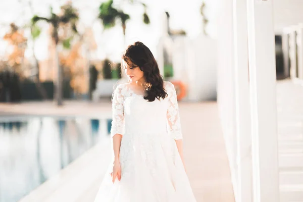 Hermosa Novia Lujo Vestido Blanco Elegante — Foto de Stock