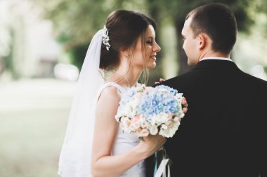 Botanik parkında yürüyen mutlu bir çift..