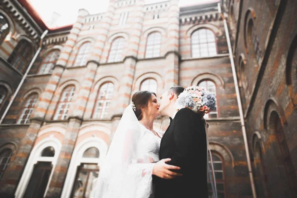 Роскошная Супружеская Пара Невеста Жених Позируют Старом Городе — стоковое фото
