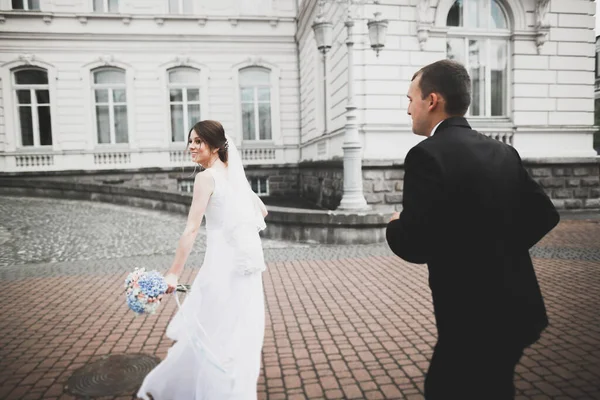 Lovely Happy Wedding Couple Bride Long White Dress — Stock Photo, Image