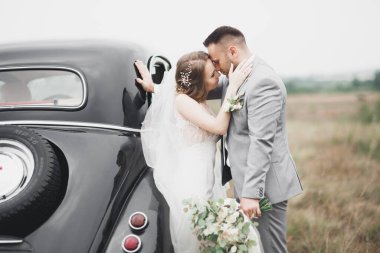 Şık bir düğün çifti, gelin, damat retro arabada öpüşüyor ve sarılıyor..