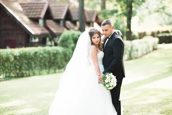 Perfekt Par Brud Brudgum Poserar Och Kysser Sin Bröllopsdag — Stockfoto