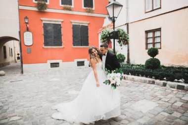 Güzel mutlu bir düğün çifti, uzun beyaz elbiseli gelin..