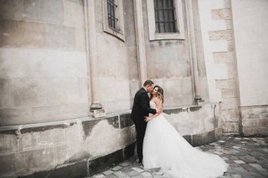 Güzel mutlu bir düğün çifti, uzun beyaz elbiseli gelin..