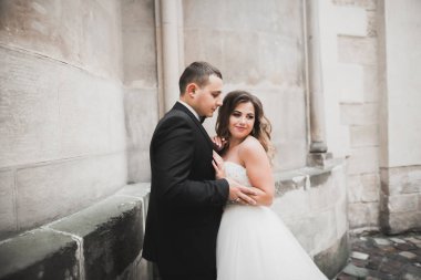 Güzel mutlu bir düğün çifti, uzun beyaz elbiseli gelin..