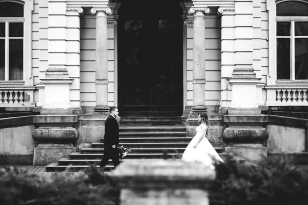 Joli Couple Heureux Mariage Mariée Avec Longue Robe Blanche — Photo