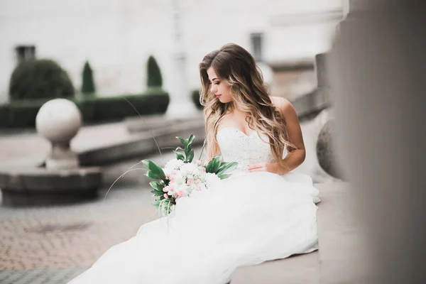 Gyönyörű Luxus Menyasszony Elegáns Fehér Ruhában — Stock Fotó