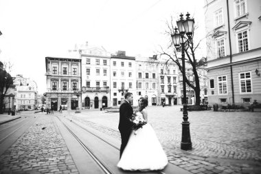 Güzel mutlu bir düğün çifti, uzun beyaz elbiseli gelin..