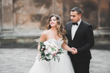 Güzel mutlu bir düğün çifti, uzun beyaz elbiseli gelin..