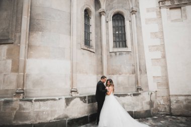 Güzel mutlu bir düğün çifti, uzun beyaz elbiseli gelin..