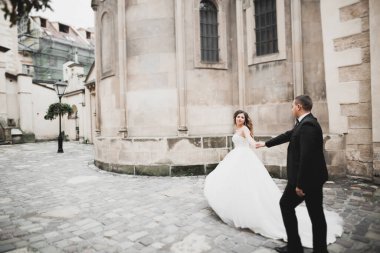 Güzel mutlu bir düğün çifti, uzun beyaz elbiseli gelin..