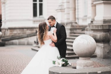 Güzel mutlu bir düğün çifti, uzun beyaz elbiseli gelin..