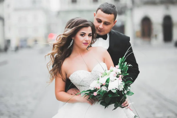 Mooi Gelukkig Bruidspaar Bruid Met Lange Witte Jurk — Stockfoto