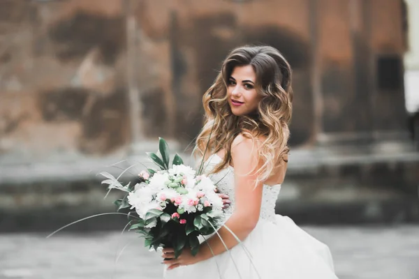 Vacker Mode Brud Bröllop Klänning Poserar — Stockfoto