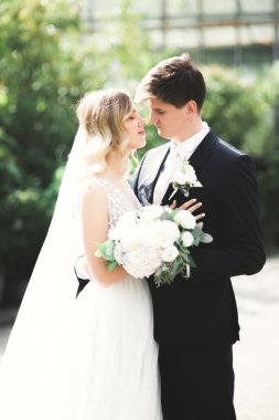 Parkta kucaklaşan yeni evli çiftin güzel romantik düğünü..