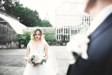 Parkta kucaklaşan yeni evli çiftin güzel romantik düğünü..