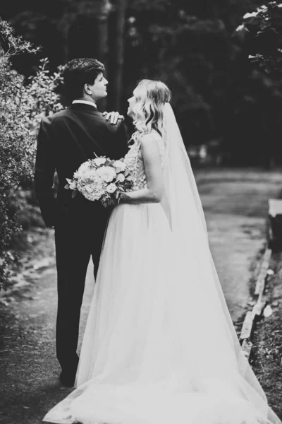 Krásný Romantický Svatební Pár Novomanželé Objímání Parku — Stock fotografie