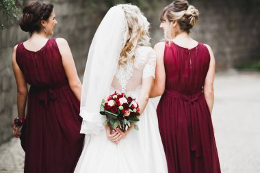 Düğün günü parkta nedimeleri olan gelin..