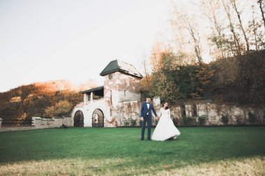 Botanik parkında yürüyen mutlu bir çift..