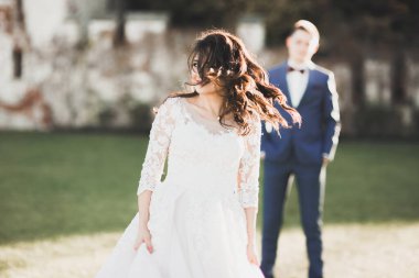 Botanik parkında yürüyen mutlu bir çift..