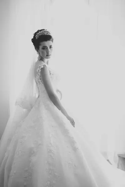 Розкішна Наречена Білій Сукні Позує Готуючись Весільної Церемонії — стокове фото
