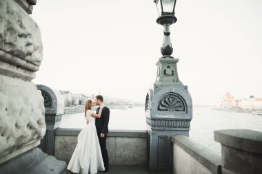 Öpüşen düğün çifti güzel manzarada kalıyor..