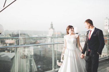 Güzel bir düğün çifti eski kasabanın arka plan panoramik manzarasında öpüşüp sarılıyor..