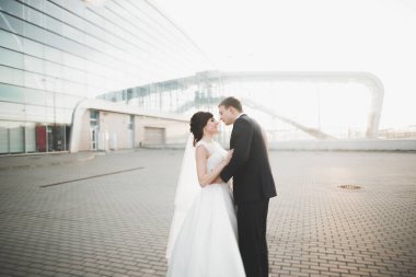 Mükemmel bir çift gelin ve damat düğün günlerinde poz verip öpüşürler..