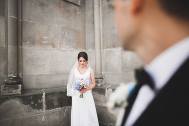 Lüks evli çift, gelin ve damat eski şehirde poz veriyor..