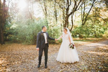 Düğün günü el ele tutuşan çift, damat ve gelin..