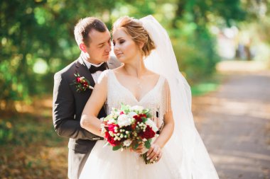 Romantik, peri masalı, mutlu yeni evli çift parkta sarılıp öpüşüyor, arka planda ağaçlar....