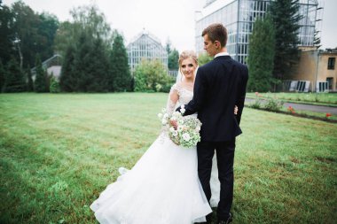 Doğadaki düğün çifti birbirine sarılıyor. Beyaz elbiseli güzel bir kız. Takım elbiseli adam.