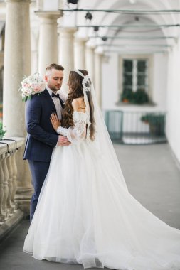 Romantik düğün anı, yeni evli çiftin gülümseyen portresi, gelin ve damadın kucaklaşması.