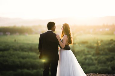 Romantik düğün anı, yeni evli çiftin gülümseyen portresi, gelin ve damadın kucaklaşması.