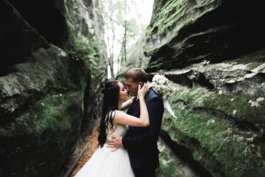 Göz kamaştırıcı mutlu çift birbirine yakın duruyor ve gözlerinin içine bakıyor..