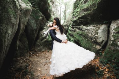 Harika bir gelin damada poz veriyor ve harika manzaralı dağlarda eğleniyor. Mesajlaşacak yer, düğün çifti..