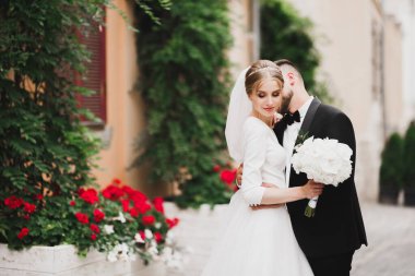 Lüks evli çift, gelin ve damat eski şehirde poz veriyor..