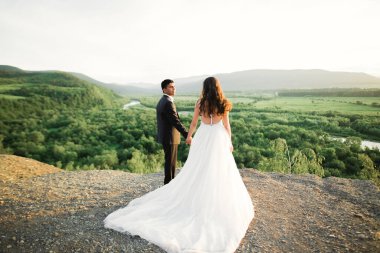 Düğün günü el ele tutuşan çift, damat ve gelin..