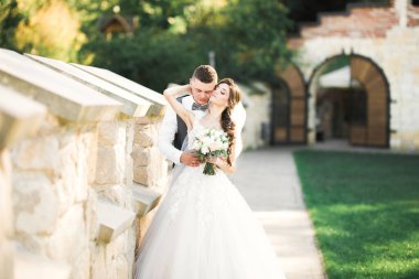 Doğadaki düğün çifti birbirine sarılıyor. Beyaz elbiseli güzel bir kız. Takım elbiseli adam.