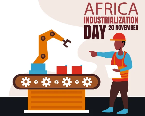 工人的图解矢量图形正在监督工厂机器的运行 非常适合国际日 非洲工业化日 庆祝会 贺卡等 — 图库矢量图片