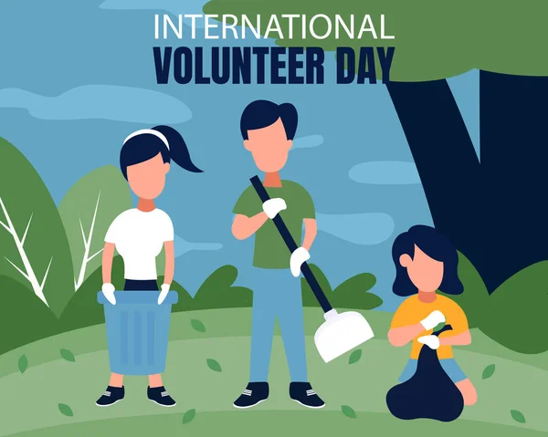 3人の若いボランティアのイラストベクトルグラフィックは 国際的な日 国際ボランティアの日 経済社会開発 お祝いに最適で 庭のゴミを掃除しています — ストックベクタ