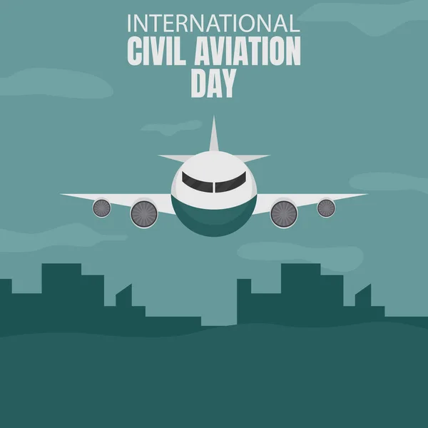 市内を飛行する民間航空機のイラストベクトルグラフィック 国際的な日のための完璧な 民間航空の日 お祝い グリーティングカード — ストックベクタ