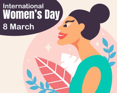 illustration vector graphic of girl with tied hair smiling, showing foliage in background, perfect for international day, international womens day, celebrate, greeting card, etc.