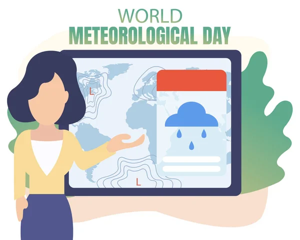 Illustration Vector Graphic Woman Presenting Weather Forecast Showing World Map — ストックベクタ