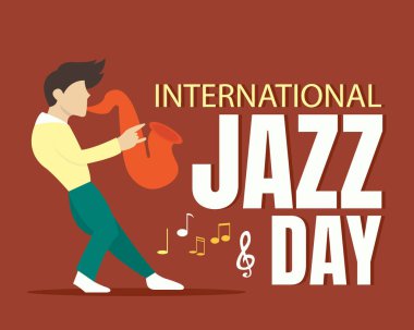 illustration vector graphic of a young man is playing music with a saxophone, perfect for international day, international jazz day, celebrate, greeting card, etc.