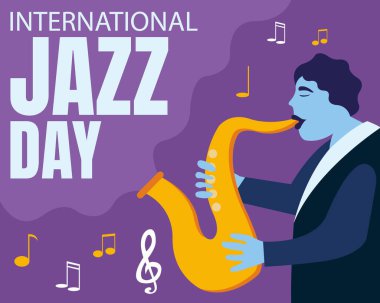 illustration vector graphic of a man is playing the saxophone, showing musical notation, perfect for international day, international jazz day, celebrate, greeting card, etc.